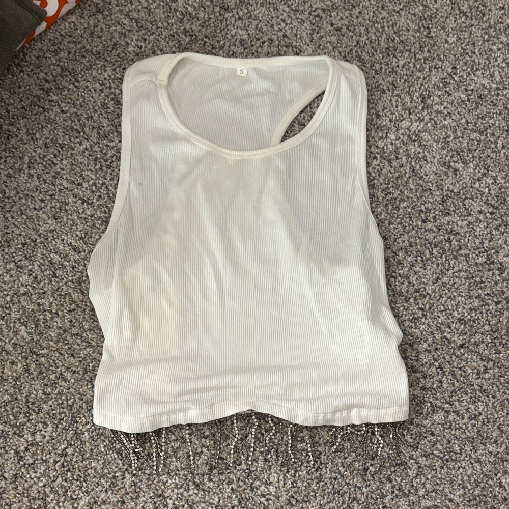 White Sleeveless Top with Beaded Hem